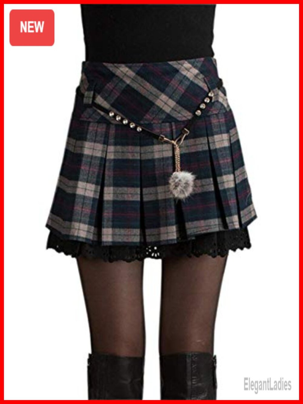 A-Line Plaid Wool Blend Pleated Skirt Side Zipper